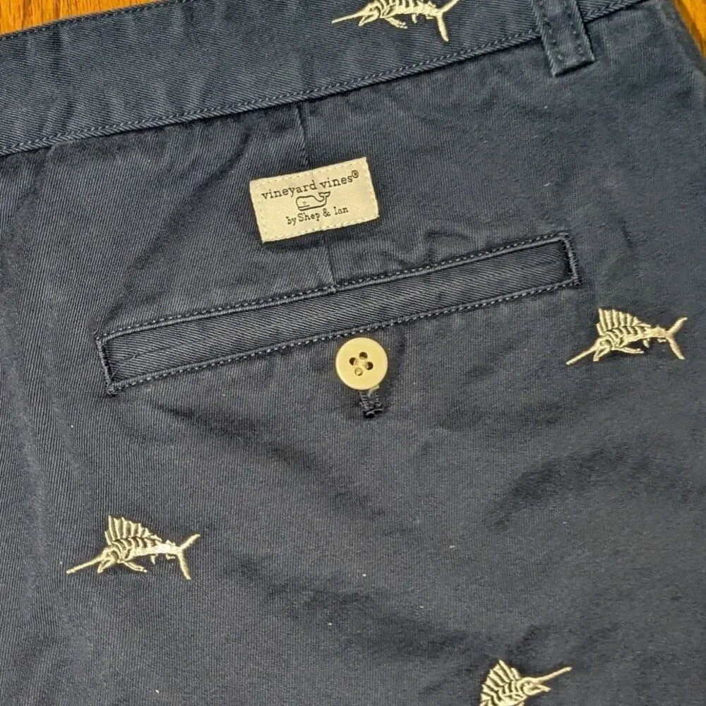 Coastal Fishermam Preppy Vineyard Vines Marlin Embroidered Club Shorts 36 Navy